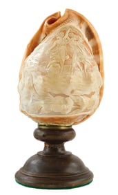 Cameo-style carved conch shell light, early 20th C., carved image featuring three graces with floral