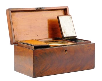 19th C. veneered tea caddy, features two metal-lined compartments with hinged lids and open central