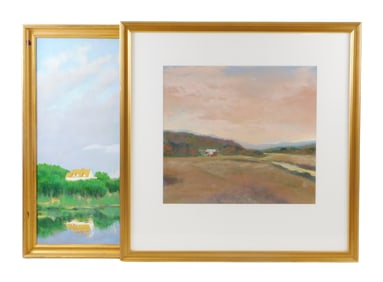Two picturesque paintings, details include: James Grabowski (b. 1944), "Red Barn", acrylic on paper,