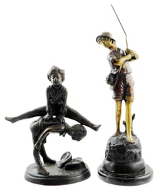 SCULPTURE: Two bronzes, the first of a boy with fishing pole, signed "A. Cain" on base, marble