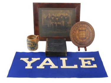 EPHEMERA: Yale University lot of five, details include: ceramic mug with blue glaze, decorated with