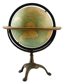 1930s Rand McNally and Co. terrestrial library globe on metal cast claw feet, 12" round, Rand