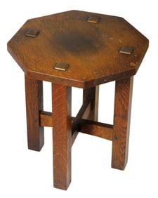 L. & J.G. Stickley tabouret table, model #558, octagon top, 1906 - 1912, oak, original red decal on