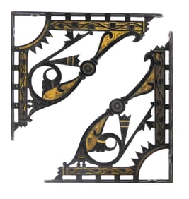Pair of iron Eastlake-style shelf brackets, black paint with gilt details throughout, Aesthetic
