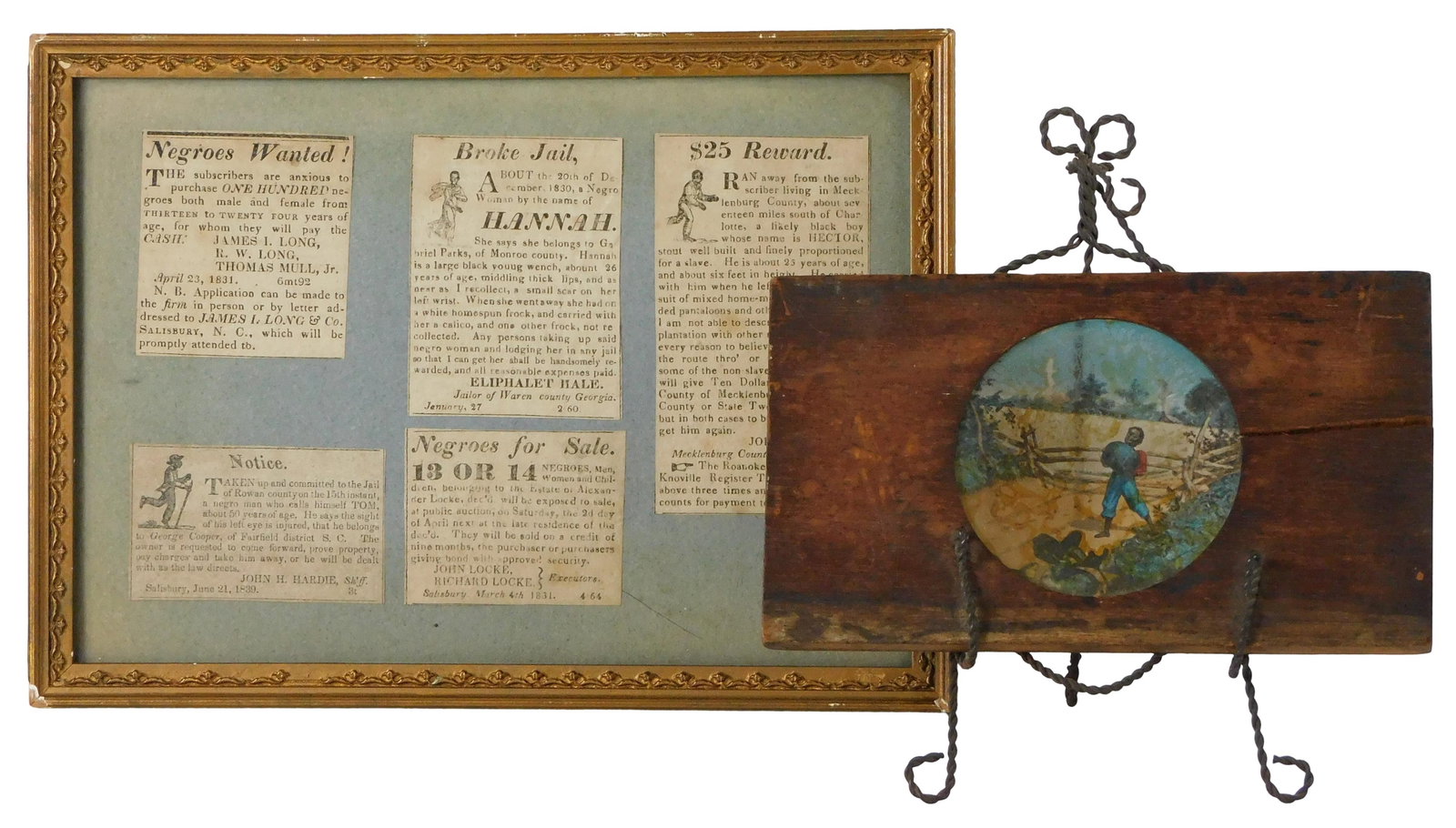 BLACK AMERICANA: Two pieces, magic lantern slide and framed fugitive slave newspaper clippings,: BLACK AMERICANA: Two pieces, magic lantern slide and framed fugitive slave newspaper clippings, details include: framed collection of slave advertisements / wanted / rewards from newspaper, Salisbury,