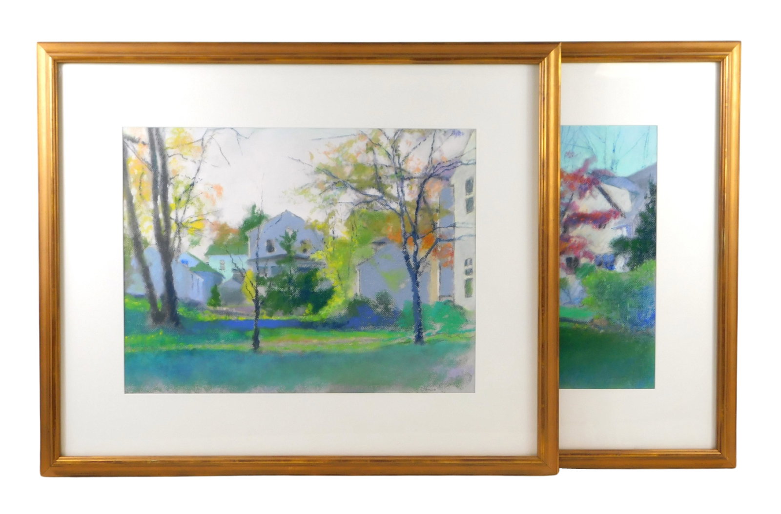 Larry D'Amico (American, 20th C.) two framed pastels on paper, includes, "One Backyard", signed: Larry D'Amico (American, 20th C.) two framed pastels on paper, includes, "One Backyard", signed lower right, artist label on verso, matted and framed, depicts a few trees lining a backyard with the be