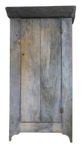 Floor standing cupboard, Pennsylvania, 18th C., pine in old blue paint, top with canted beaded crest