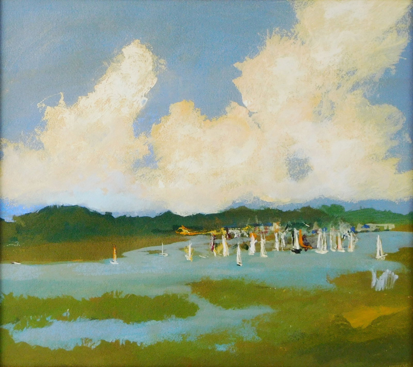 Attributed James L. Grabowski (American, b. 1944), "Inlet with Sailboats", oil on paper, depicts: Attributed James L. Grabowski (American, b. 1944), "Inlet with Sailboats", oil on paper, depicts cluster of small sail boats in cove, framed and matted behind glass, wear consistent with age and use i