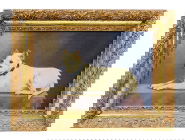 + Folk art dog portrait, oil on canvas, late 19th - early 20th C., gilt frame, unsigned, n.d.,