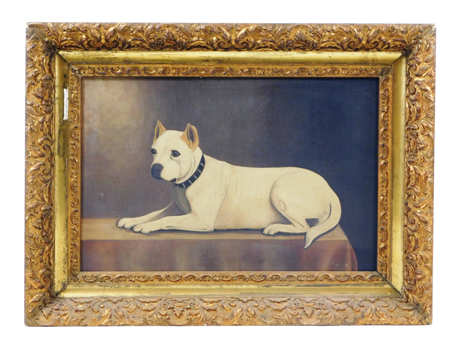 + Folk art dog portrait, oil on canvas, late 19th - early 20th C., gilt frame, unsigned, n.d.,: + Folk art dog portrait, oil on canvas, late 19th - early 20th C., gilt frame, unsigned, n.d., depicts and white dog with black collar laying on pedestal, note attributes work to "Thomas L. Ryder", we