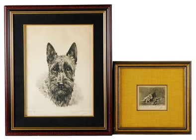 Marguerite Kirmse (American, 1885-1954), framed etching and print of Scottish Terrier dogs, details
