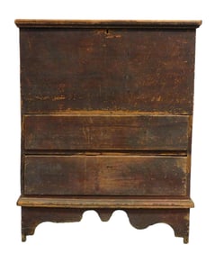 Two drawer blanket chest, New England, 18th C., pine, in original red wash, top with deep molding