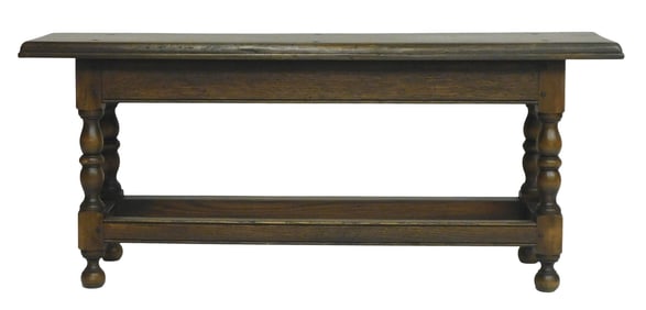 Pilgrim style bench, poplar and oak with brown stain finish, oblong seat, vase and ring turned legs