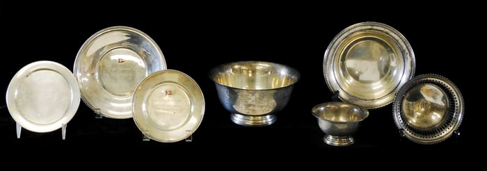 STERLING: Towle, Gorham, Webster Co, etc., seven pieces, hollowware and plates stamped "sterling"