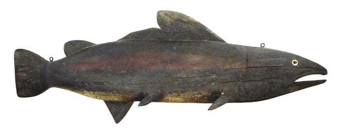TRADE SIGN: Carved wood trout/fish form trade sign, American, late 19th/ 20th C., fish in full
