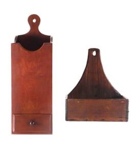 Wall mounted pipe-box and candle-box, American, 18th/ 19th C., details include: 19th C. pipe box,