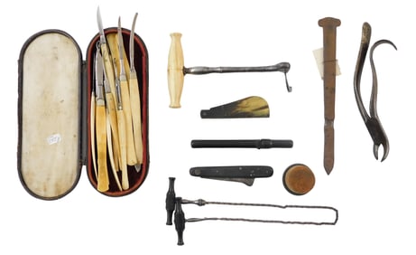 19th C. Medical equipment, some Civil War era, pieces include: amputation chain saw consisting of