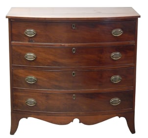 +Bowfront four drawer chest, American, C.1800, cherry and cherry veneer, pine, chestnut, top with