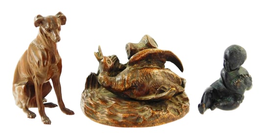 SCULPTURE: Three bronze statuettes, 19th/20th C., the first a seated hound, possibly greyhound,