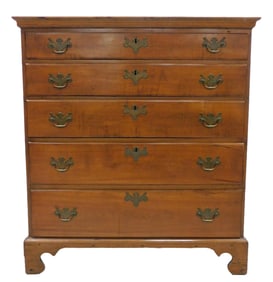 Tall five-drawer chest, American, 18th-19th C., maple, pine, molded edge pine top over five