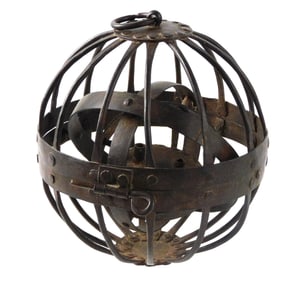 19th C. gyroscopic triple gimbaled ship lantern with whale oil lamp, iron, pin closure and