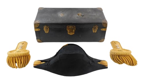 MILITARY: US Naval Commander epaulettes and bicorn hat, 1860-1880s, in custom metal case, hat and