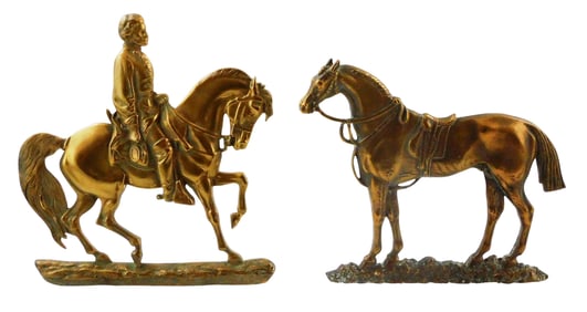 Two equine bas-relief plaques, 19th/20th C., both copper-tone brass, the first featuring General