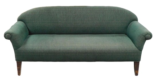 Country sofa, American, 18th/ 19th C., arched back, rolled arms, square tapered pine legs, scuffs