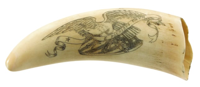 SCRIMSHAW: "Essex and Alert", engraved whale tooth depicting naval battle scene on obverse and an