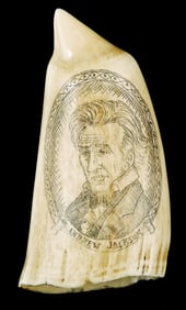 SCRIMSHAW: "The Andrew Jackson", engraved whale tooth depicting an American ship with full sails on