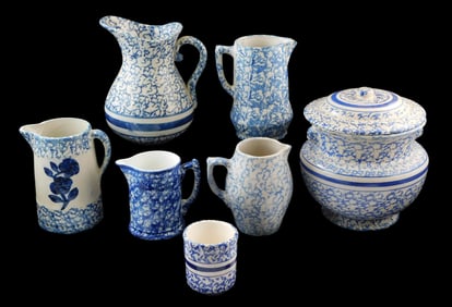 American stoneware, seven pieces, all with blue and white Bristol-glazed spongeware decoration, no
