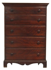 Five drawer tall chest, late 18th-19th C., maple and pine, maple with some figure, original wooden