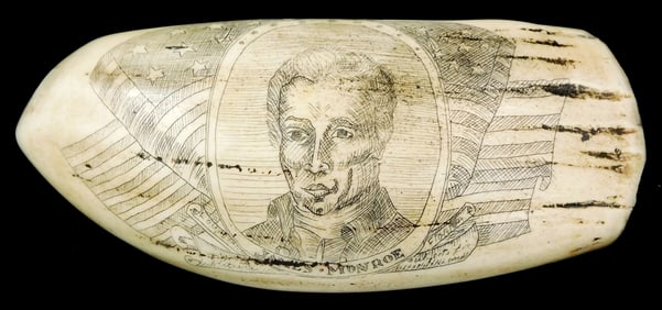 SCRIMSHAW: "James Monroe", engraved whale tooth depicting a Presidental portrait on front with