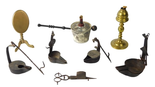 18th-19th C. early lighting, eight pieces, includes: 19th C. brass tripod candle reflector in the