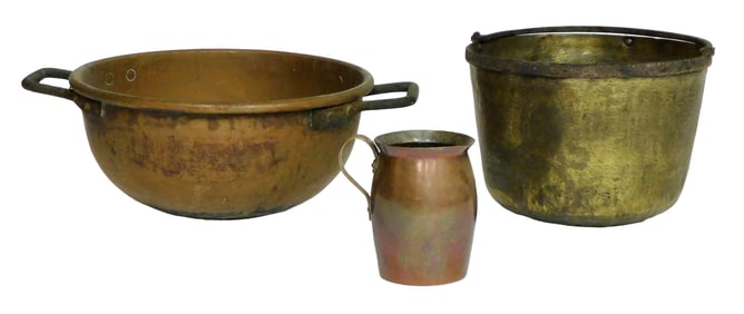 METALWARE: Three pieces: 19th C. Hudson Bay brass bucket with iron swing handle, stamped "HB Co." on