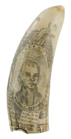 SCRIMSHAW: "Independence", engraved whale tooth depicting Thomas Jefferson Presidential portrait