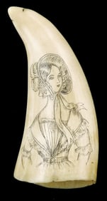 SCRIMSHAW: "Aurora", engraved whale tooth depicting American ship with full sails on obverse,