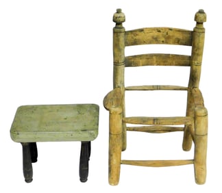 Early American children's chair and foot stool, details include: child's chair, c.1700-1750,
