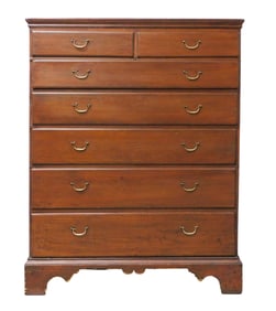 Tall chest, New England, late 18th C., pine, cove top molding over two small and five graduated long