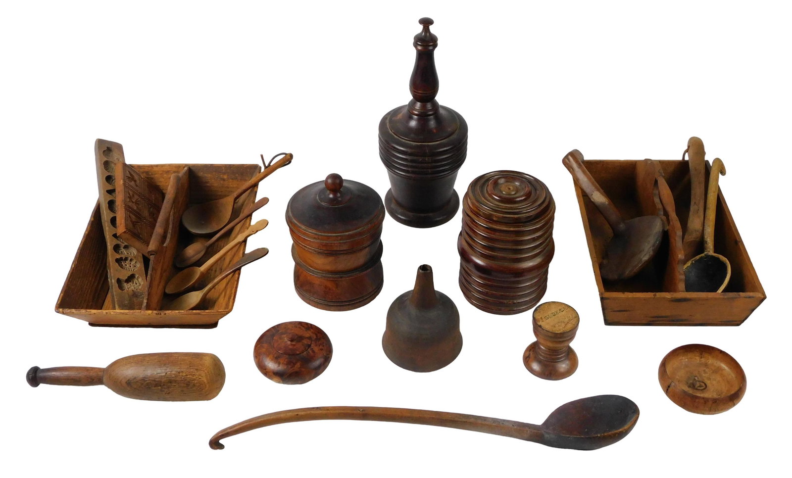 Early treenware, 20 pieces, details include: Chinese wooden mooncake mold, ten designs in block,: Early treenware, 20 pieces, details include: Chinese wooden mooncake mold, ten designs in block, 3/4" h. x 13" w.; German Springerle cookie dough embosser, six designs including birds, boat, hummingbi