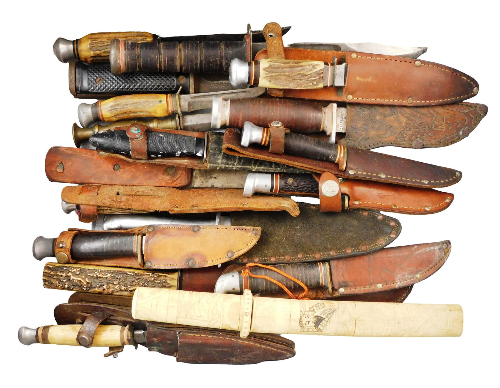 WEAPONS: Nineteen knives, 19th/20th C., some military, hunting, etc., most with sheaths, details: WEAPONS: Nineteen knives, 19th/20th C., some military, hunting, etc., most with sheaths, details include: Sabre monarch hunter, 7 3/4" l.; USN PAL 37 military, 12" l.; western scout knife, 7 1/4" l.;