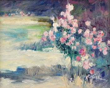 Ed Hicks (American, b. 1942), "Roses in Landscape", oil on canvas, depicts blooming hedge along