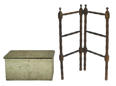 Early American drying rack and diminutive chest, details include: Windsor style faux-bamboo drying