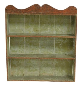 Table top shelf, American, 18th/ early 19th C., pine, red and white over green paint, dovetail