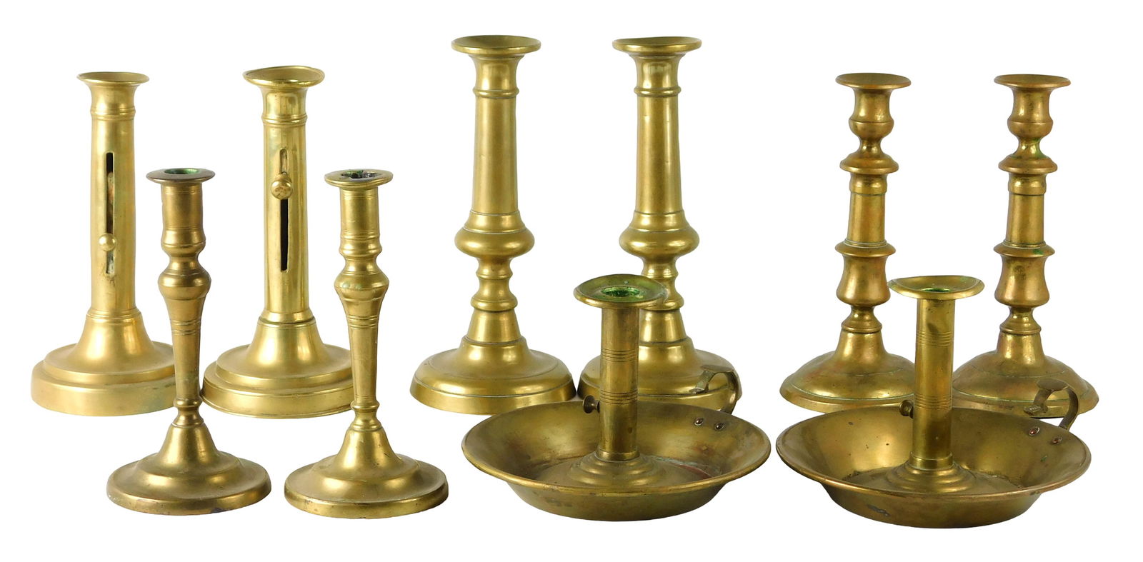 Ten brass candlesticks, English style 18th/19th C., five pairs, includes: two pairs of ejector brass: Ten brass candlesticks, English style 18th/19th C., five pairs, includes: two pairs of ejector brass candlesticks, 9 1/2" h.; one pair of chamber candlesticks with ejector slides and single finger hol