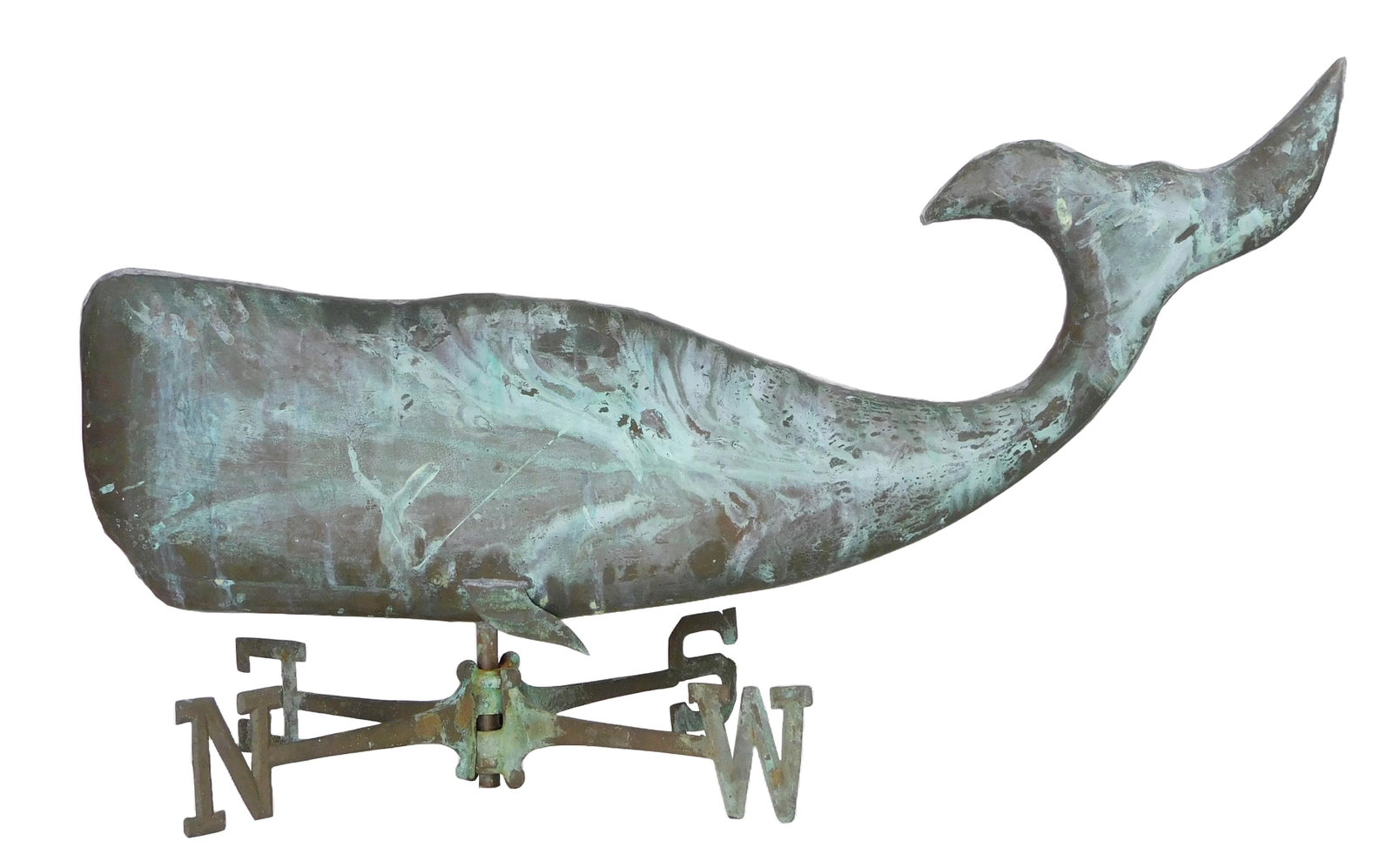 WEATHERVANE: Molded copper whale-form weathervane, American, 20th C., hollow full body with two: WEATHERVANE: Molded copper whale-form weathervane, American, 20th C., hollow full body with two applied fins, with cast iron directional and support pole, wear consistent with age and use including pa