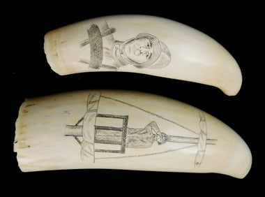 SCRIMSHAW: Two engraved whale teeth: larger depicting sailor in crow's nest, no decoration on