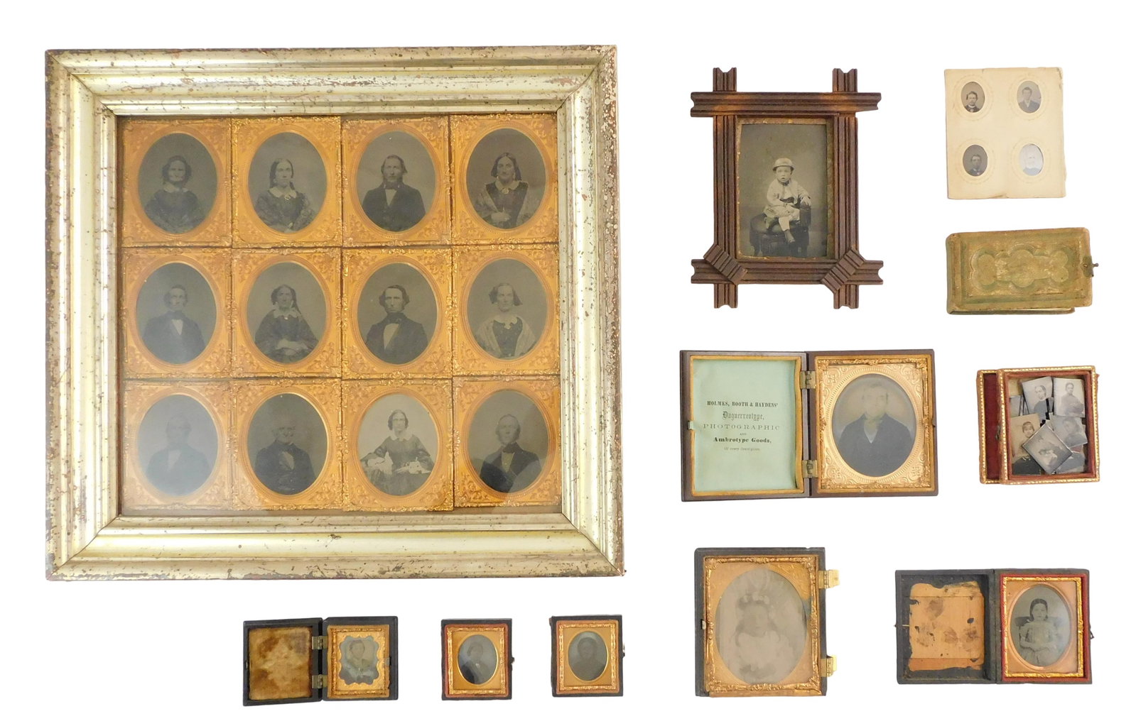 Early photography, 10+ pieces, details include: twelve ambrotypes framed as set, each framed in: Early photography, 10+ pieces, details include: twelve ambrotypes framed as set, each framed in brass wrap frame, each: 3 3/8" h. x 2 5/8" w., frame size: 13" h. x 14" w.; small leather bound photo al
