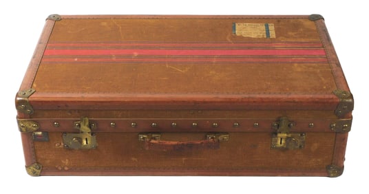 Goyard canvas steamer trunk, c. 1890's, canvas exterior with red and blue stripes, leather bound