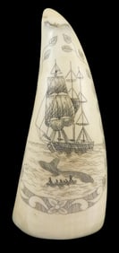 SCRIMSHAW: Engraved whale tooth depicting whale hunt on obverse and seaman in crow's nest on